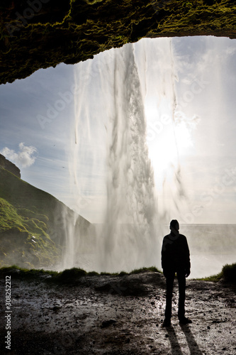 Man Silhouette Behind Waterfall, Iceland