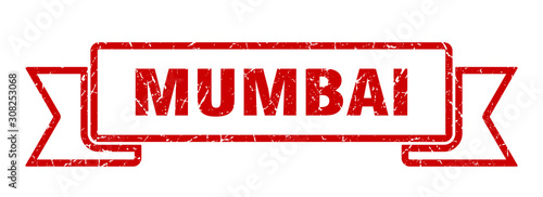 Mumbai ribbon. Red Mumbai grunge band sign