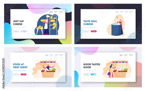 Cheese Manufacturing and Farmer Marketplace Website Landing Page Set. People Produce Dairy Production, Farmer Sell Vegetables and Fruits on Market Web Page Banner. Cartoon Flat Vector Illustration