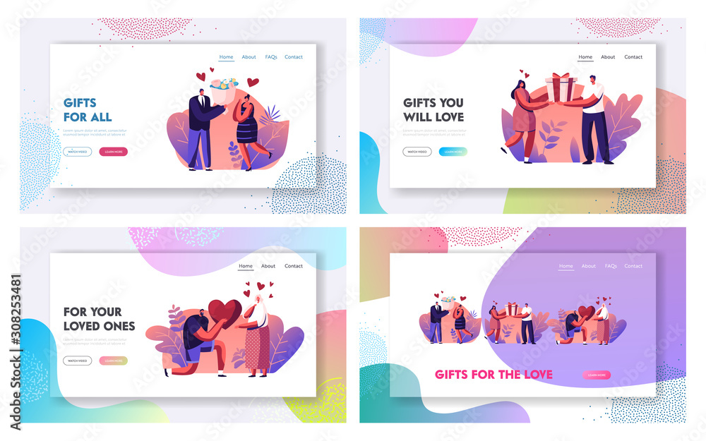 Loving Relations, Happiness Surprise Love Website Landing Page Set. Happy Couple Prepare Gifts to Each Other. Man Giving Heart and Flowers to Woman Web Page Banner. Cartoon Flat Vector Illustration Loving Relations, Happiness Surprise Love Website Landing Page Set. Happy Couple Prepare Gifts to Each Other. Man Giving Heart and Flowers to Woman Web Page Banner. Cartoon Flat Vector Illustration