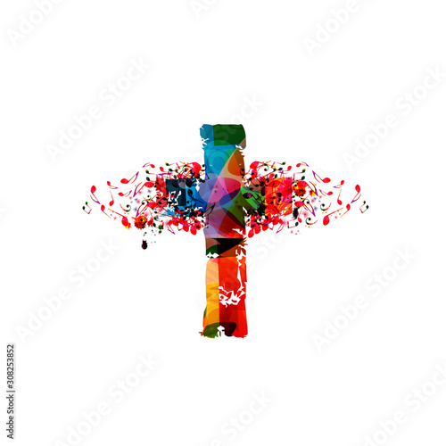 Colorful christian cross with music notes isolated vector illustration. Religion themed background. Design for gospel church music, concert, festival, choir singing, Christianity, prayer 