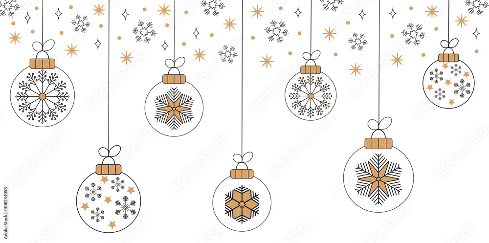 Christmas balls on greeting xmas cards in outline, scandinavian style. Snowflake are falling. Promo gift, winter sale posters. Minimal illustration set of New year.