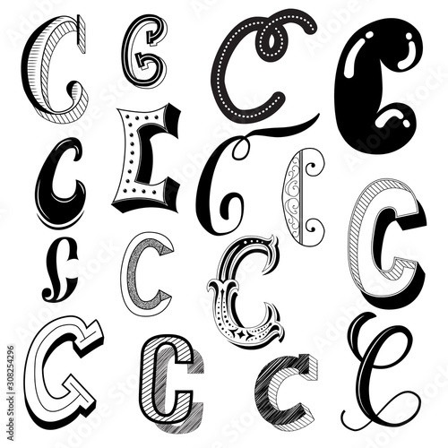 Hand drawn set of different writing styles for letter C