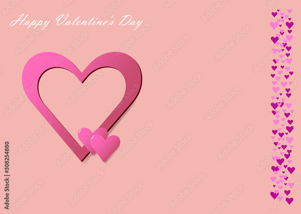 Big frame pink heart and two connected pink hearts are placed in the left side of the vector. Many small red and pink hearts are placed on the right edge of the vector.All is on a trendy red backgroun