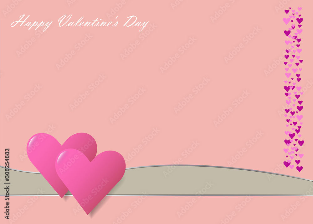 Two connected pink hearts are placed on wave with metallic edges . Many small red and pink hearts are placed on the right edge of the vector. All is on a trendy red background . Two connected pink hearts are placed on wave with metallic edges . Many small red and pink hearts are placed on the right edge of the vector. All is on a trendy red background .