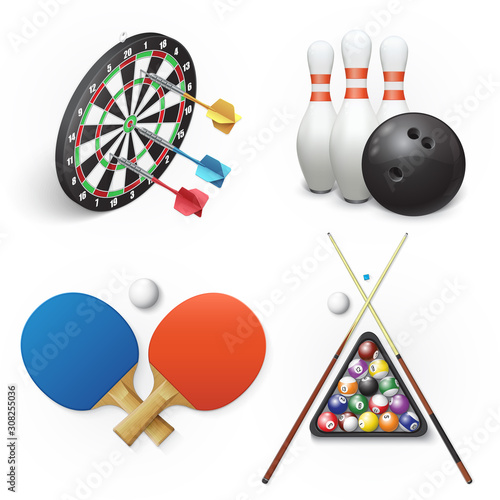 Emblem of darts, bowling, table tennis and pool billiards