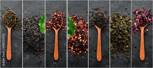 Photo banner. Collage photo of dry tea in spoons. On a black stone background.