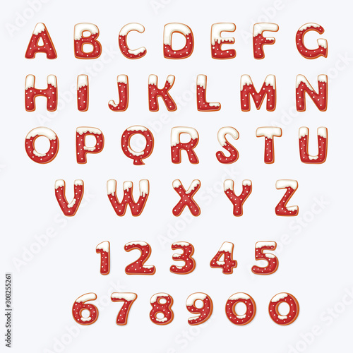 Letters and numbers in the form of cookies with icing. Winter font. Cookies with snow glaze. New Year's font