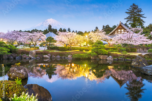 Fujinomiya, Shizuoka, Japan with Mt. Fuji and temples in spring season.