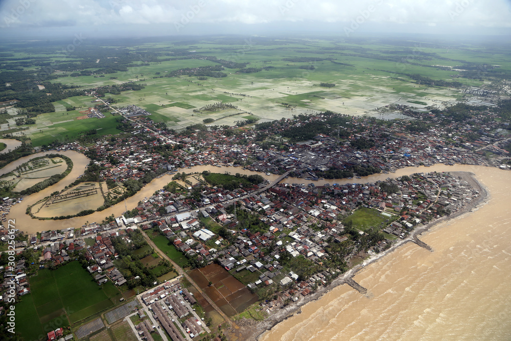Fototapeta premium Landscape From Helicopter, Village and River