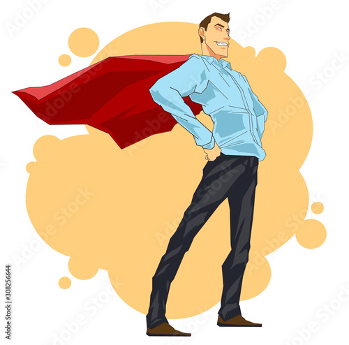 Colorful illustration of successful heroic businessman with red cloak standing in heroic pose