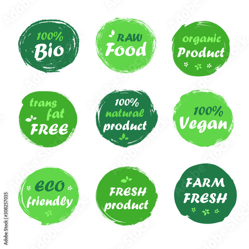 Fresh healthy organic vegan bio eco food logo labels and tags.