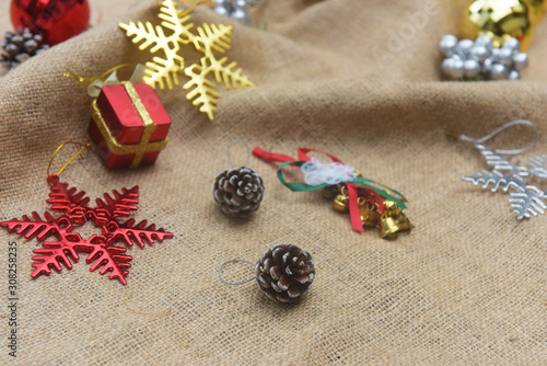 Christmas balls stacked on fabric, happy new year, merry christmas
