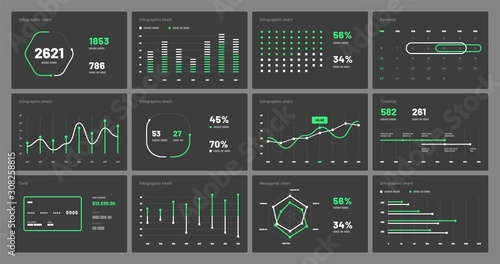 Elements of infographics on a black background. Use in presentation templates, flyer, leaflet and corporate report. Dashboard UI and UX Kit with big data visualization.