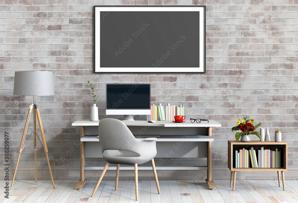 3D render interior living room workspace with sofa, desktop computer and mockup blank poster