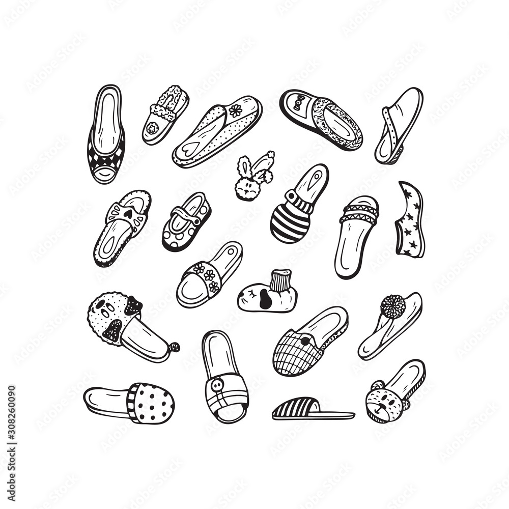Shoes Vector Set. Hand drawn doodle female, male and children's House Slippers. Black and white illustration Shoes Vector Set. Hand drawn doodle female, male and children's House Slippers. Black and white illustration