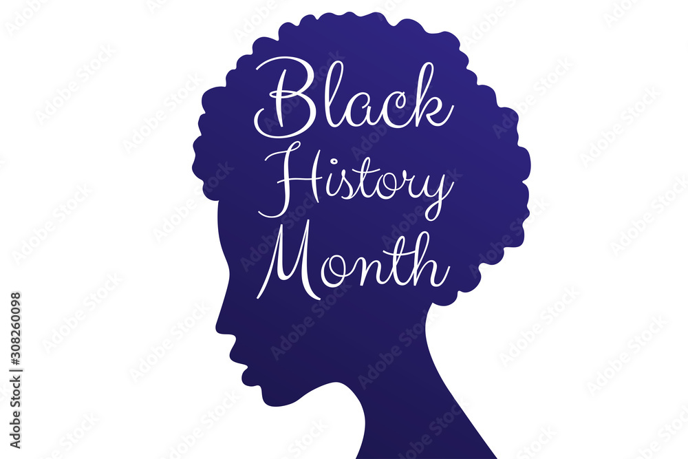 Black History Month concept with silhouette of african girl and beautiful lettering. Template for background, banner, card, poster with text inscription. Vector EPS10 illustration.