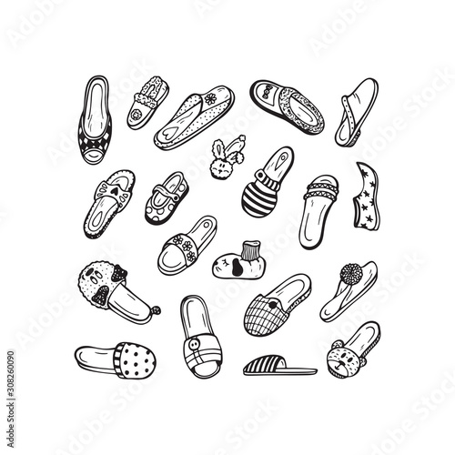 Shoes Vector Set. Hand drawn doodle female, male and children's House Slippers. Black and white illustration