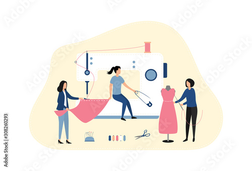 The concept of tailoring fashionable clothes. Fashion designer and seamstresses sew a dress for the customer. Sewing machine, mannequin, needle and thread, pin, scissors. Vector flat illustration.