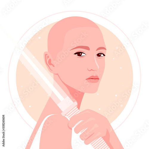 A bald girl holds a sword in her hand. Portrait of a girl with guns on the background of space and starry sky. Fencing. Vector flat illustration