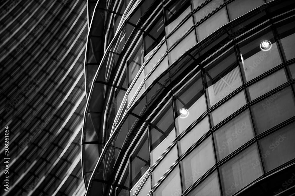 Corporate office building in Milan - detail in black and white tones.