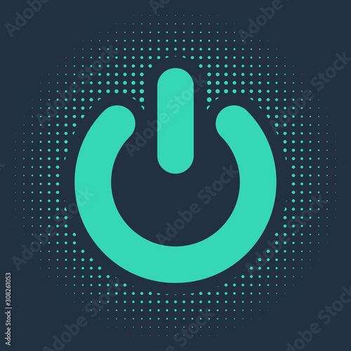 Green Power button icon isolated on blue background. Start sign. Abstract circle random dots. Vector Illustration