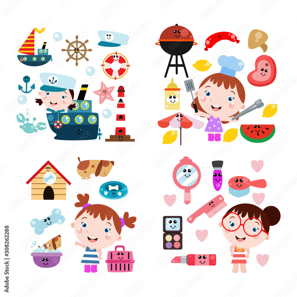 Little Girl Activity Cute Cartoon. Kids. Children Compilation Set with tool Vector Template Design Illustration Little Girl Activity Cute Cartoon. Kids. Children Compilation Set with tool Vector Template Design Illustration