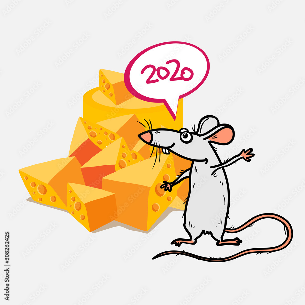 Fototapeta premium Year of the white rat. Mouse, rodent, rat with a large piece of cheese. 2020. Vector illustration.