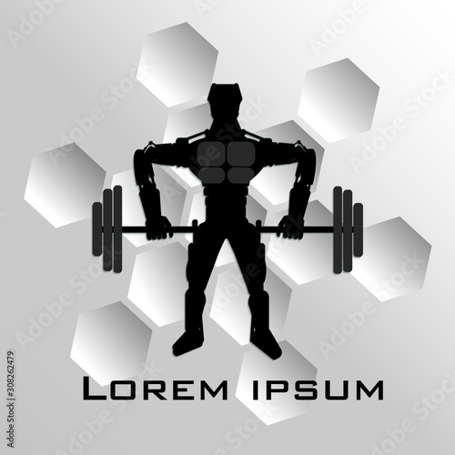 Black robot. Barbell. Logos or emblems. Vector. White background. Illustration can be used in the internet advertisements, banners, websites, infographics. Sport.