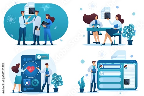 Set 2D Flat concepts digital health, electronic card, consultation patient. For Concept for web design