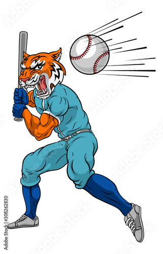 A tiger baseball player cartoon animal mascot swinging a bat at a fast ball