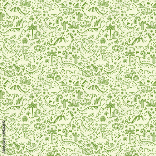 Extinct animals. Prehistoric Reptiles. Cute Cartoon Dinosaur Vector Seamless pattern. Hand drawn doodle Dinosaurs: Tiranossauro Rex, Triceratops, Stegosaurus, Diplodocus and Plants