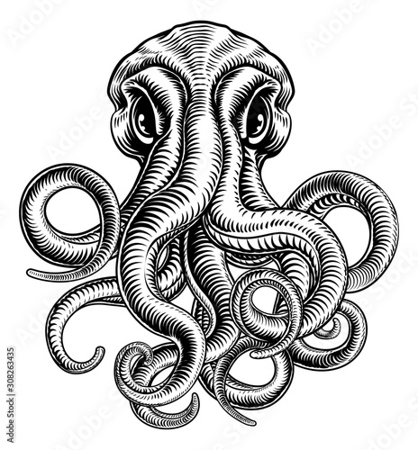 Canvas-taulu Original illustration of an octopus or cthulhu monster in a vintage woodblock woodcut retro style
