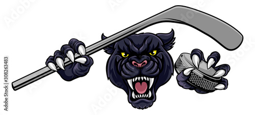 A panther ice hockey player animal sports mascot holding a hockey stick and puck