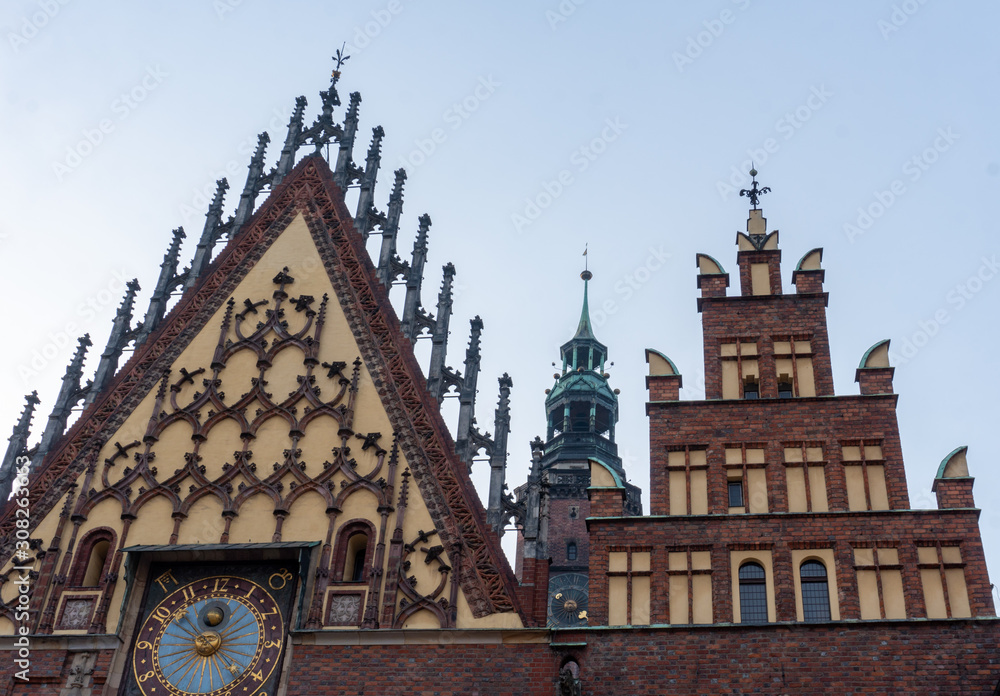 Old Historical Buildings on the streets in Wroclaw city, Poland
