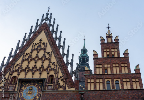 Old Historical Buildings on the streets in Wroclaw city, Poland