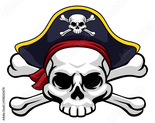 A skull and crossbones jolly roger wearing a pirate hat which also has a cross bones on it