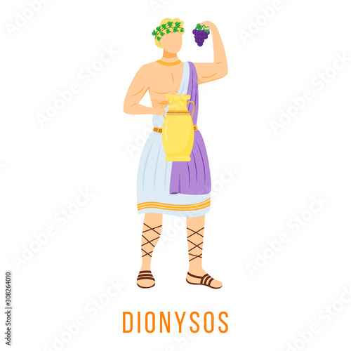 Dionysos flat vector illustration. Dionysus. God of wine and grape harvest. Ancient Greek deity. Mythology. Divine mythological figure. Isolated cartoon character on white background