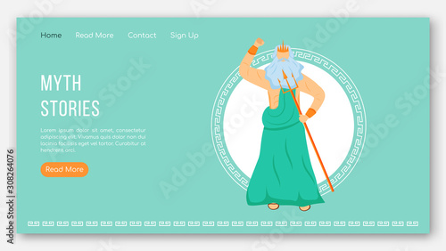 Poseidon landing page vector template. Myth stories. One of 12 olympians. Ancient greek gods website interface idea with flat illustrations. Homepage layout, web banner, webpage cartoon concept