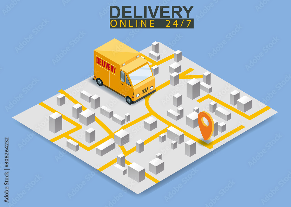 Isometric delivery truck concept. Map city logstics online shopping ecommerce concept isometric Isometric delivery truck concept. Map city logstics online shopping ecommerce concept isometric