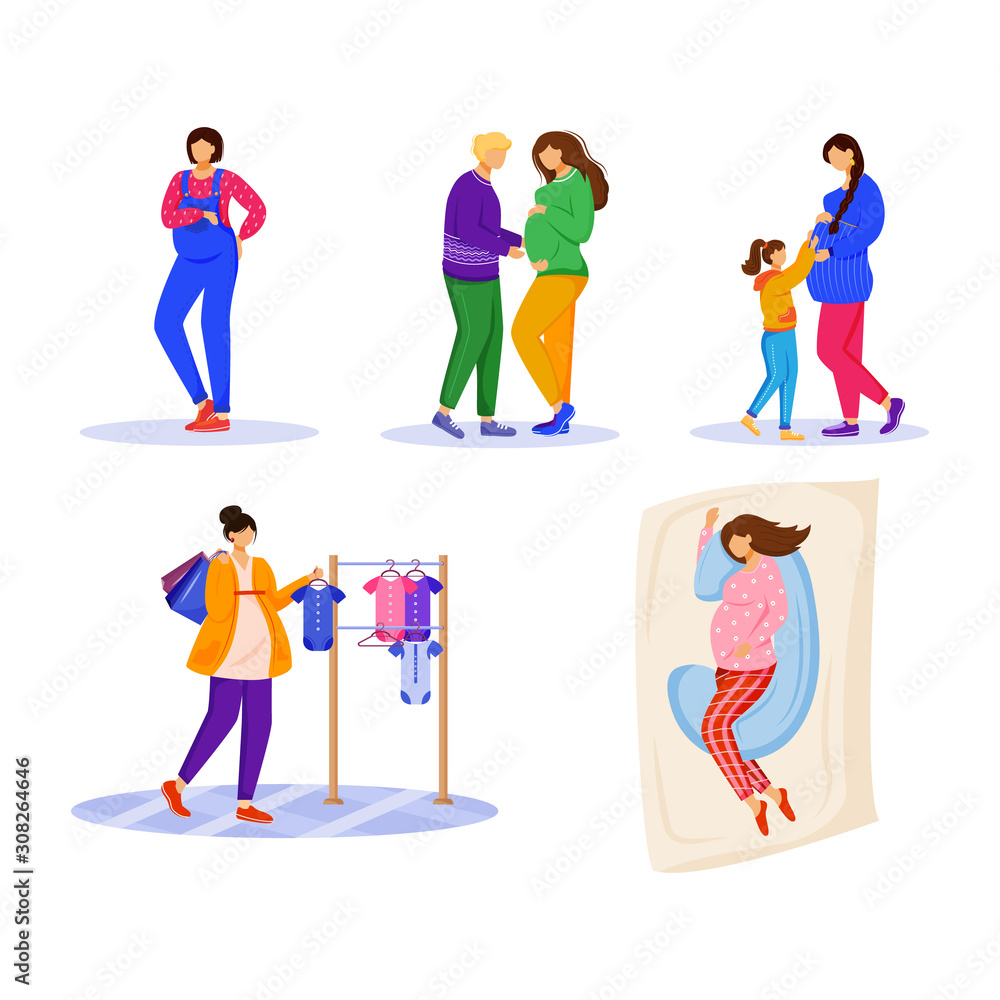 Pregnancy flat vector illustrations set. Maternity, preparation and expectation. Young women waiting of baby isolated cartoon characters on white background