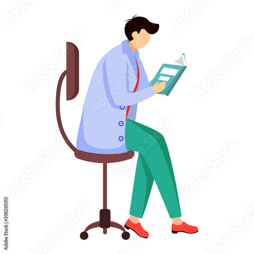 Scientist reading book, journal flat vector illustration. Doctor sits on chair. Getting, analysing information. Man in blue lab coat isolated cartoon character on white background