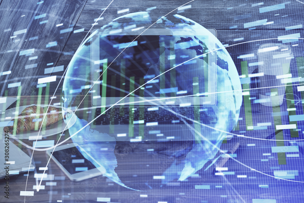 Multi exposure of business theme icons and work space with computer background. Concept of success. Multi exposure of business theme icons and work space with computer background. Concept of success.