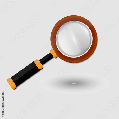 Magnifier icon. Simple design. Grey background. Flat. Logos or emblems. Search. Illustration can be used in the internet shop,  advertisements, banners, websites, infographics.
