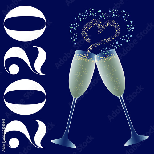 2020 - Carte de voeux avec 2 verre de Champagne pour trinquer à la nouvelle année.