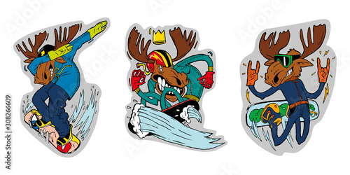 Three elk lovers of winter sports, skiing and snowboarding. Color illustrations, stickers, can be used in advertising and sports products.