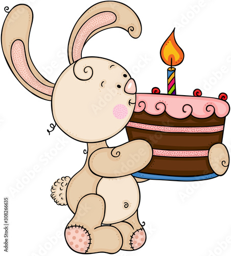 Cute bunny holding a birthday cake with one candle