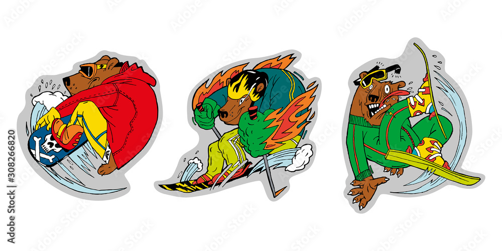 Three bears are lovers of winter sports, skiing and snowboarding. Color illustrations, stickers, can be used in advertising and sports products.