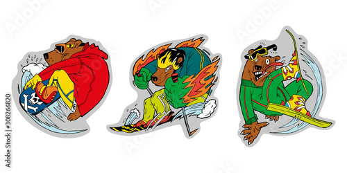 Three bears are lovers of winter sports, skiing and snowboarding. Color illustrations, stickers, can be used in advertising and sports products.