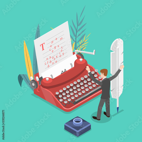 Isometric flat vector concept story writing, of an author is about to write down his creative idea using an old style typewriter.